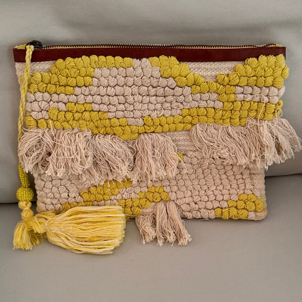 Handcrafted Beige and Yellow Tassel Clutch